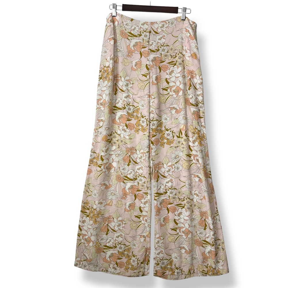 Amuse Society Wide Leg Pants L Pink Floral High Rise Boho Palazzo Cottagecore